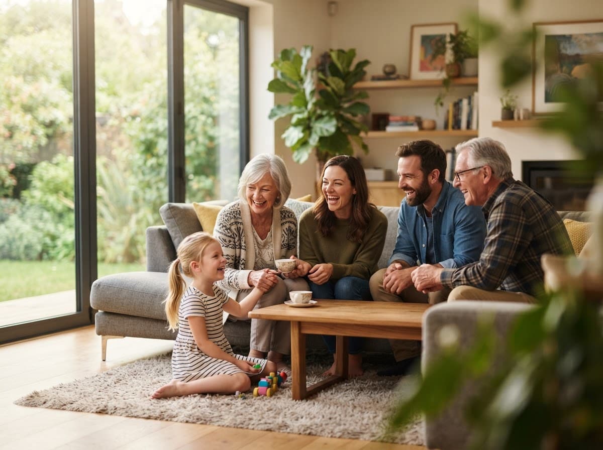 Família reunida em uma sala iluminada